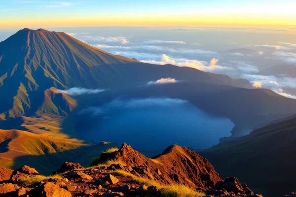 Discover the Magnificence of Mount Rinjani: Indonesia’s Second Highest Volcano Majestic Mount Rinjani erupting with lush greenery in Lombok, Indonesia, showcasing volcanic landscape and crater lake, perfect for adventure travelers.