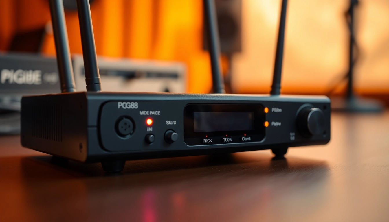 High-quality PG88 wireless microphone receiver in a studio setting, showcasing its controls and LED indicators for clear audio production.
