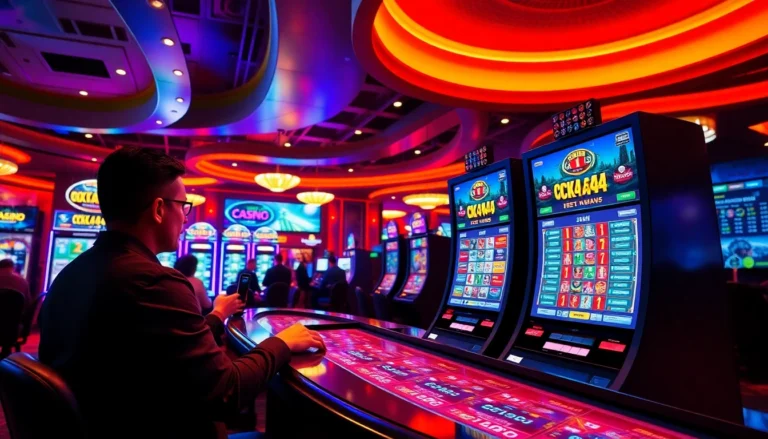 Engaging scene of players making ck4444 bet on vibrant digital screens at an online casino, showcasing excitement and modern gaming tech.