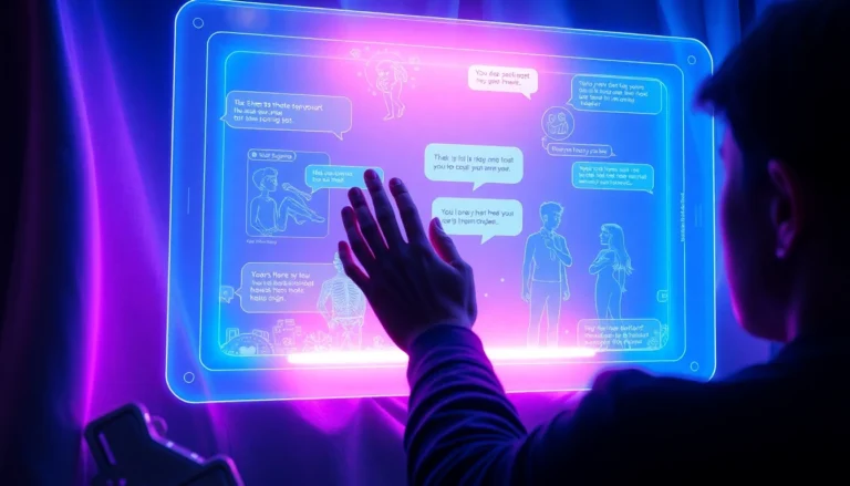 Futuristic AI chat interface with holographic characters and vibrant neon lighting