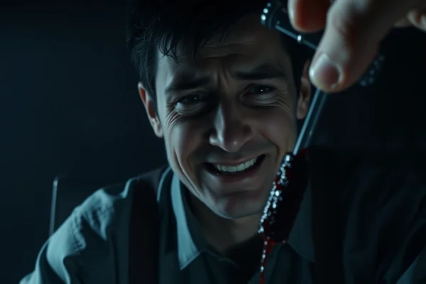 Blood Money: The Psychological Horror of Morality and Survival in BLOODMONEY A distressed Harvey suffering as he's forced into violent tools, with dark, moody lighting and a tense atmosphere.