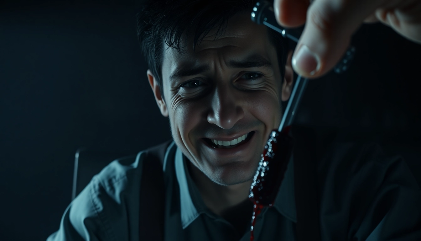 A distressed Harvey suffering as he's forced into violent tools, with dark, moody lighting and a tense atmosphere.