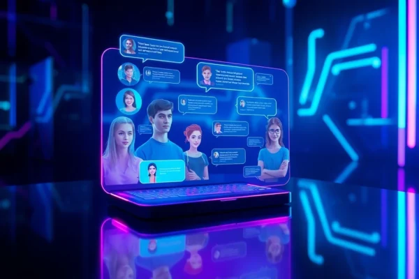 Futuristic virtual chat environment with AI characters and holographic interfaces in neon colors.