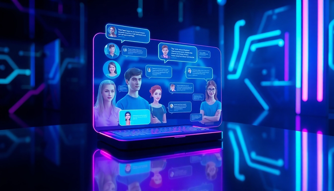 Futuristic virtual chat environment with AI characters and holographic interfaces in neon colors.