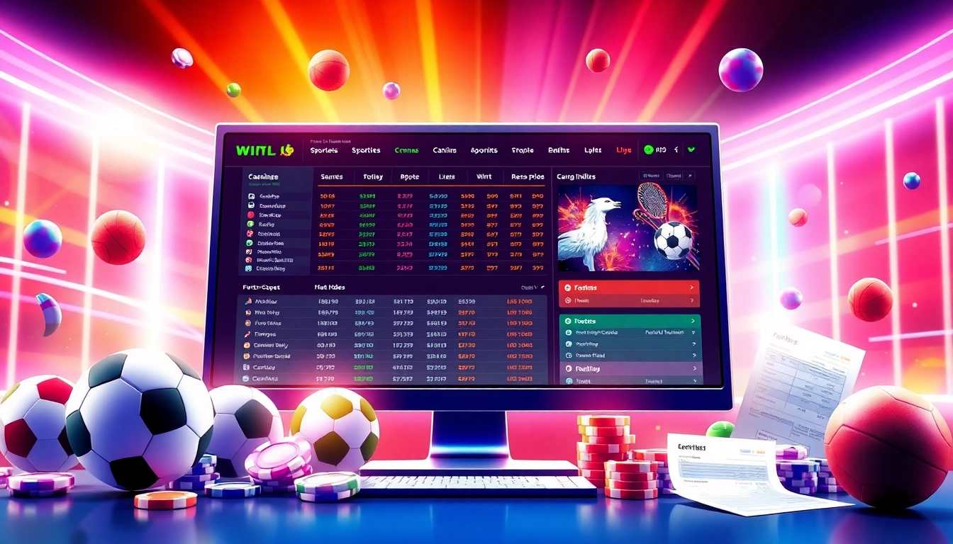 Illustration of an online sportsbook and casino platform interface with sports and betting elements