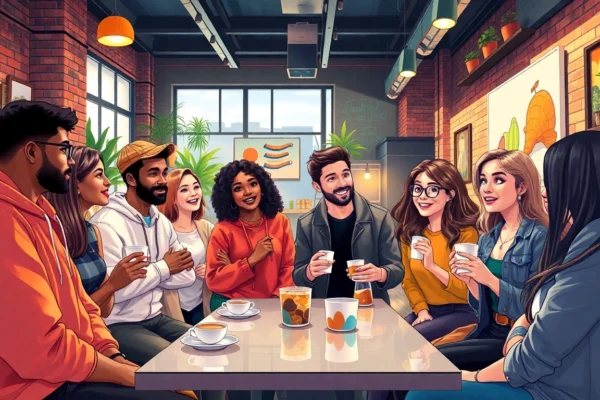 Understanding the DILF Meaning and Its Connection to AI Culture Group of young adults chatting in a modern café with warm lighting and urban decor.