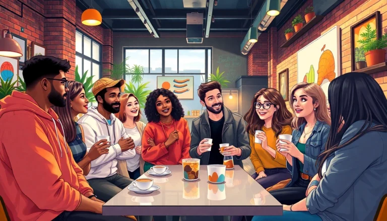 Group of young adults chatting in a modern café with warm lighting and urban decor.