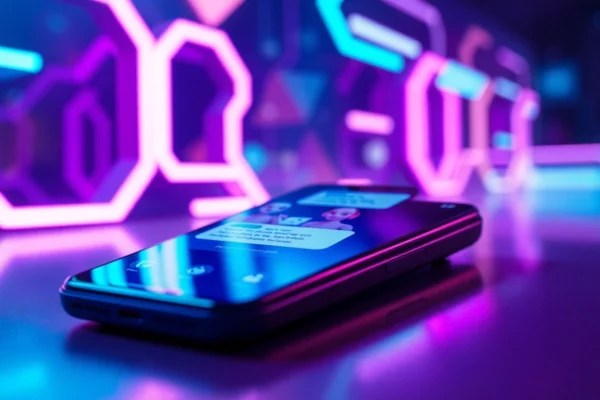 Digital illustration of a futuristic chatbot interface on a sleek device with colorful AI characters and neon highlights.