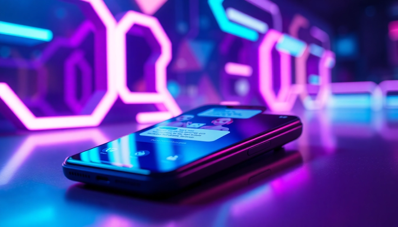 Digital illustration of a futuristic chatbot interface on a sleek device with colorful AI characters and neon highlights.
