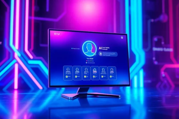 A futuristic AI chatbot interface on a neon-lit digital screen with customizable profiles and cyberpunk background.