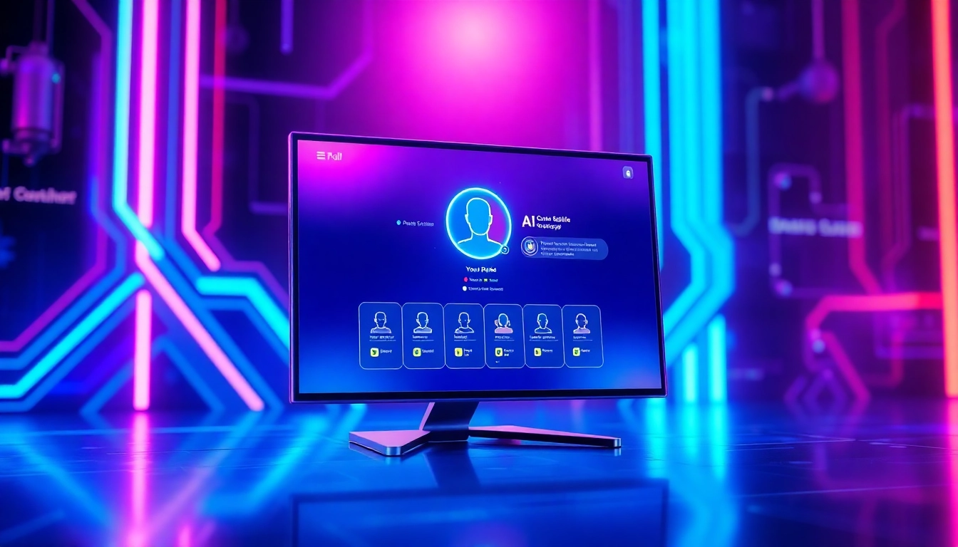 A futuristic AI chatbot interface on a neon-lit digital screen with customizable profiles and cyberpunk background.