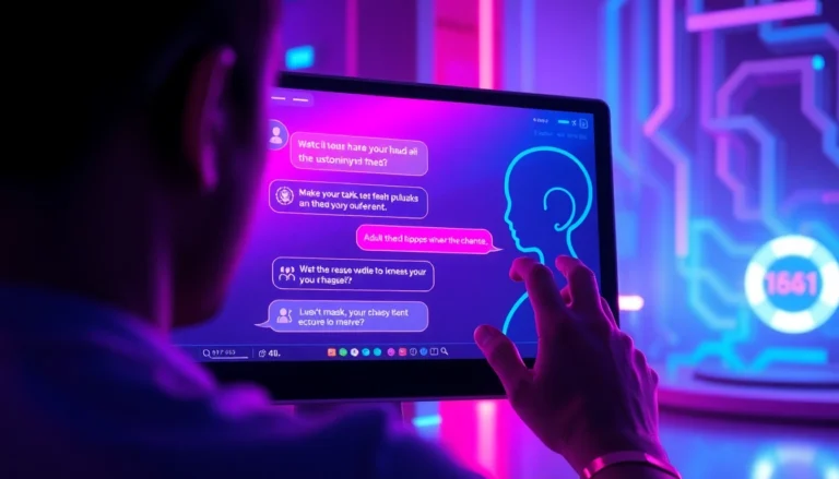 Futuristic digital illustration of a neon-lit chat interface with AI characters.