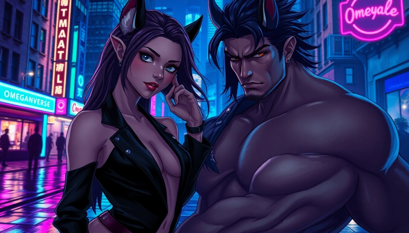 An urban night scene with two characters embodying Omegaverse themes, featuring neon city lights and atmospheric mood.
