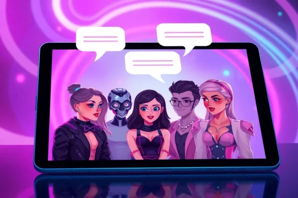 Unlocking the World of Spicy AI Chat: Your Guide to Customized Erotic Conversations Digital illustration of AI characters engaging in spicy chat on a futuristic device with neon lighting.