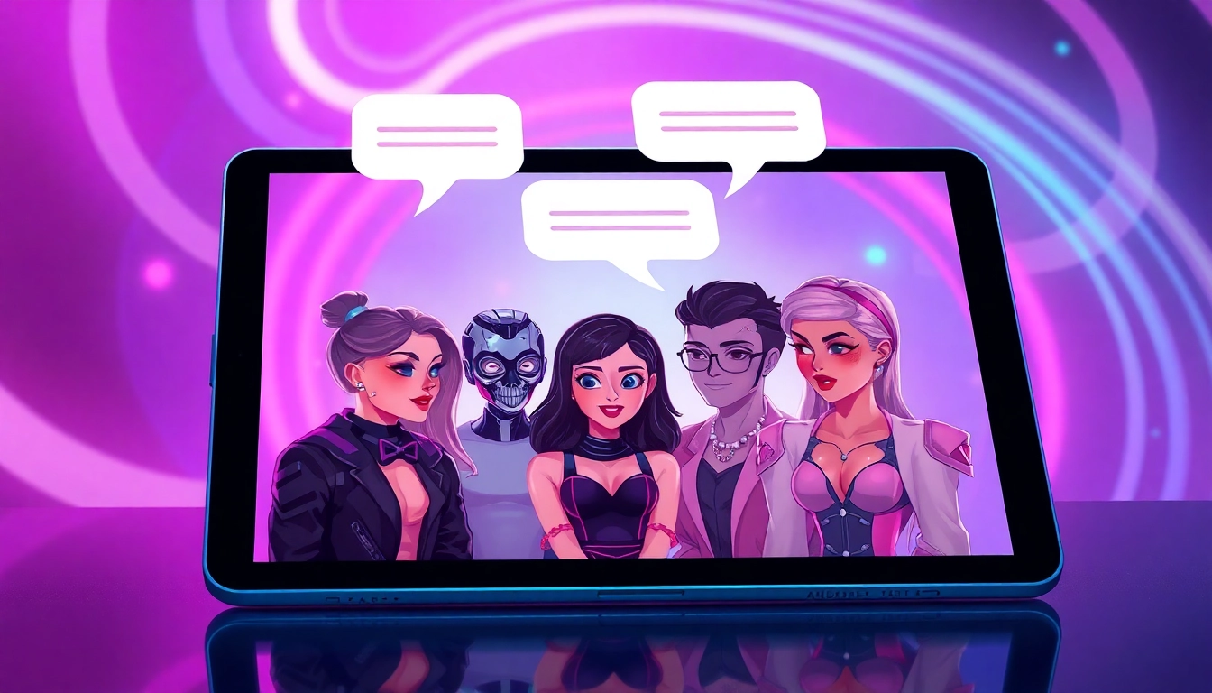 Digital illustration of AI characters engaging in spicy chat on a futuristic device with neon lighting.