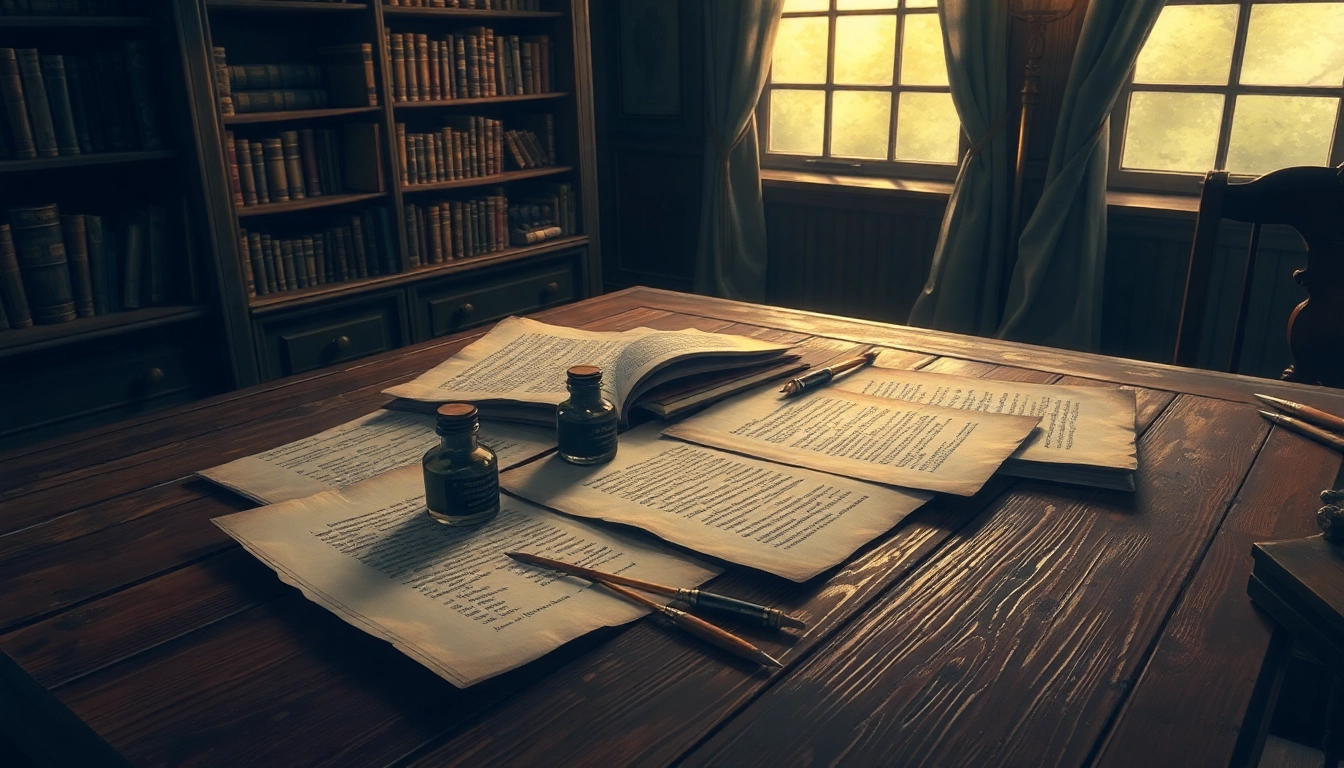 An antique 17th-century study with old papers, books, and a warm, dimly lit atmosphere.