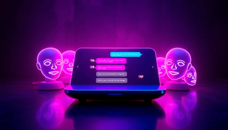 Futuristic digital chat interface with glowing AI characters and vibrant neon accents, representing spicy NSFW AI conversations.
