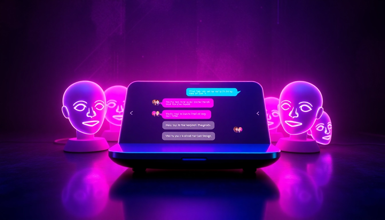 Futuristic digital chat interface with glowing AI characters and vibrant neon accents, representing spicy NSFW AI conversations.