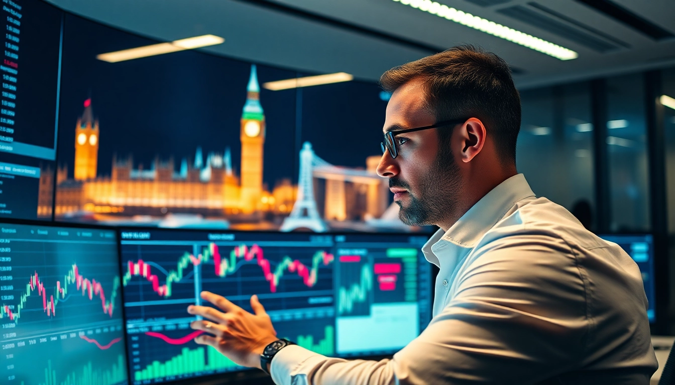 A UK online stock trading user engaging with stock charts on a computer in a professional