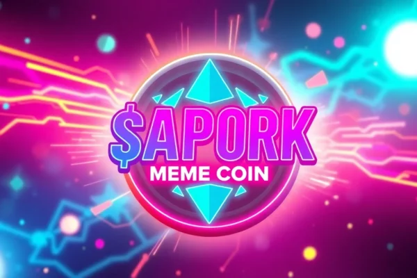 Dynamic image showcasing APORK Meme Coin with vibrant blockchain graphics and community energy
