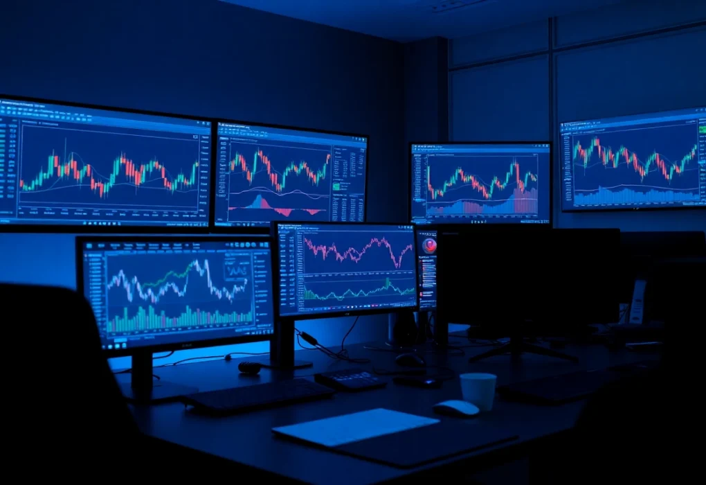 Trading view chart analysis on multiple screens in a professional trading environment for