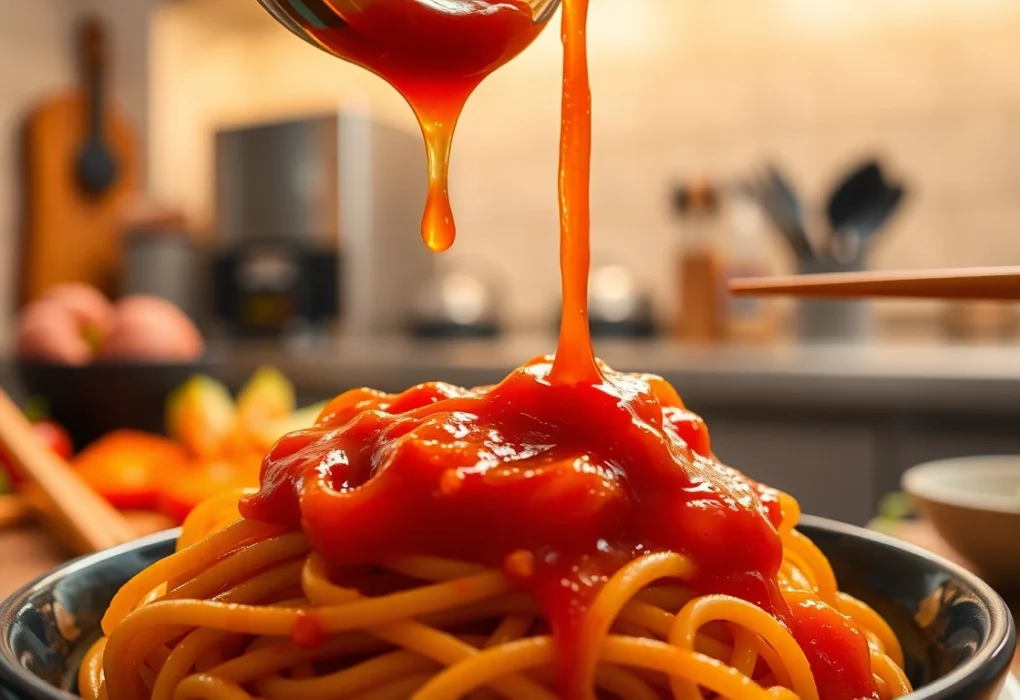 Schezwan Sauce being poured over noodles, showcasing spicy red flavor and vibrant presentation