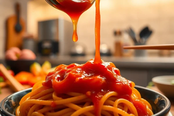 Schezwan Sauce being poured over noodles, showcasing spicy red flavor and vibrant presentation