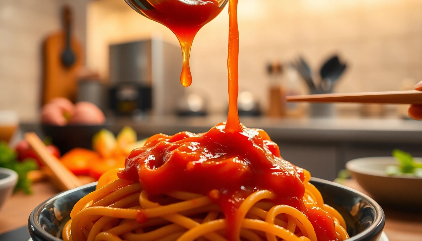 Schezwan Sauce being poured over noodles, showcasing spicy red flavor and vibrant presentation