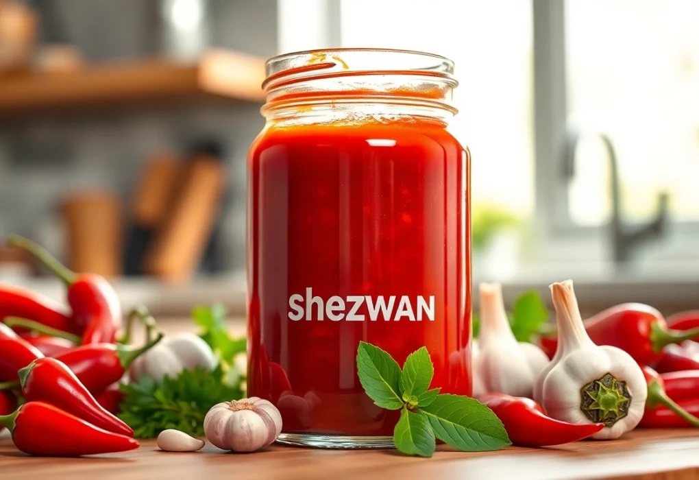 Schezwan Sauce in a glass jar with chili peppers and garlic, highlighting spicy flavor and