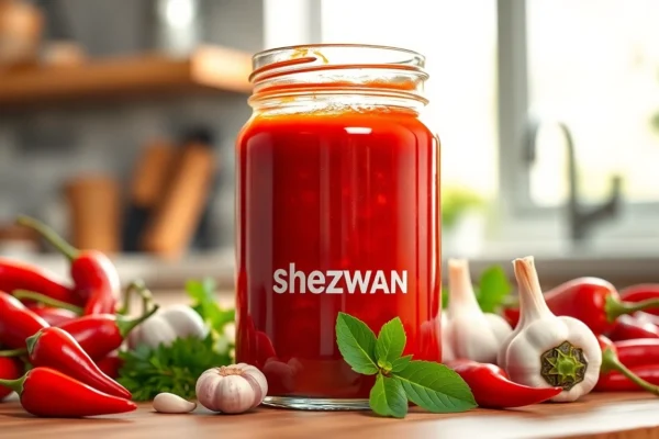 Schezwan Sauce in a glass jar with chili peppers and garlic, highlighting spicy flavor and