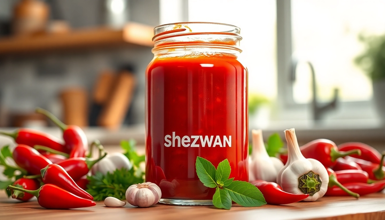 Schezwan Sauce in a glass jar with chili peppers and garlic, highlighting spicy flavor and